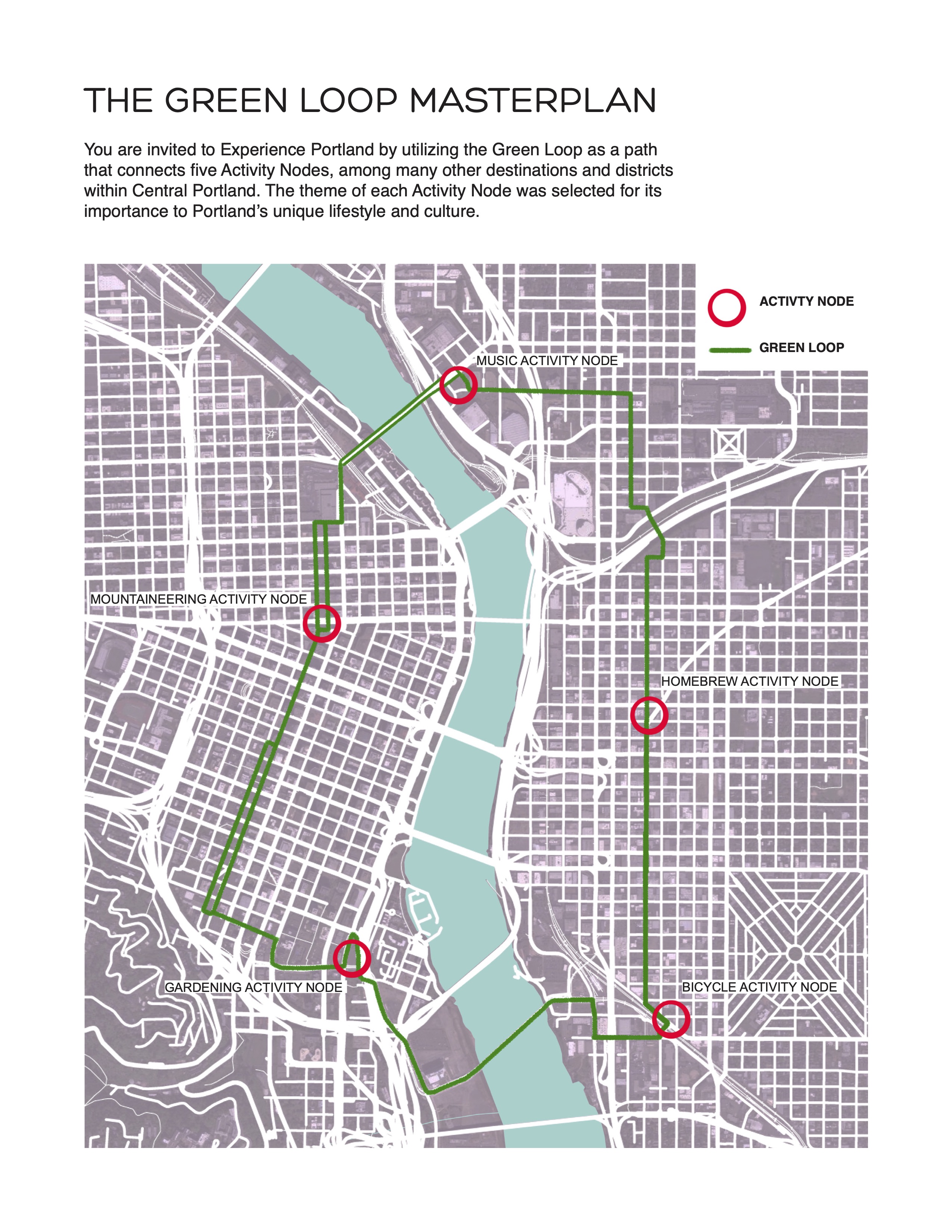 This Green Loop Masterplan shows the proposed route and Activity Node locations.