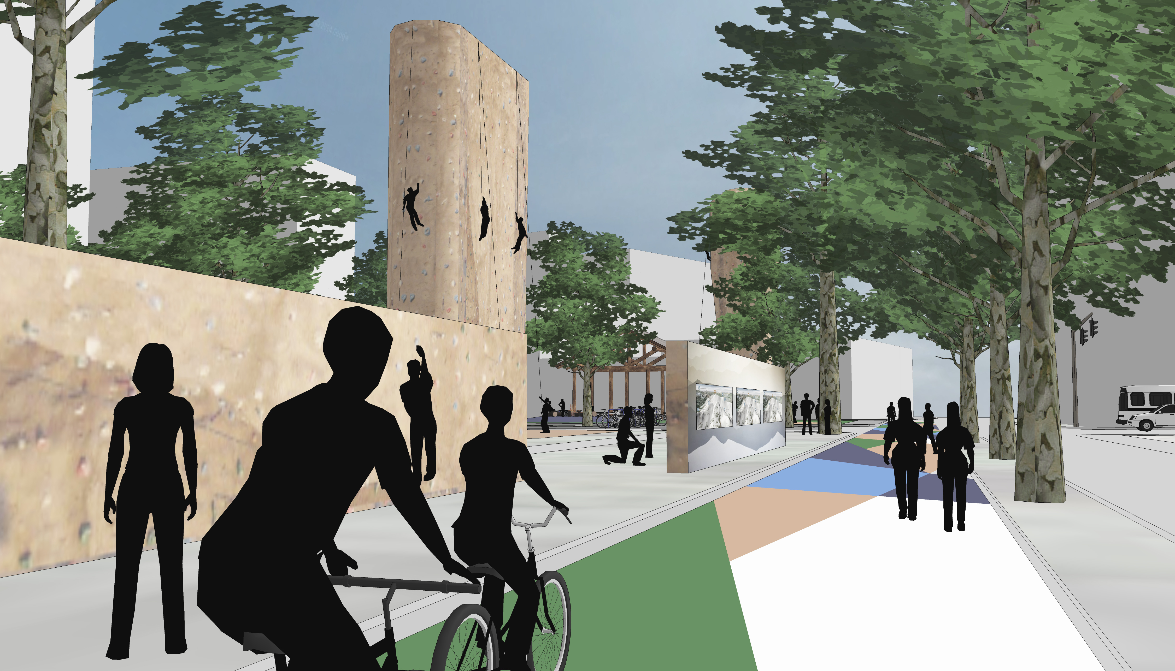 Rendering of people biking, walking, and climbing at the Green Loop approach at the Mountaineering Activity Node.