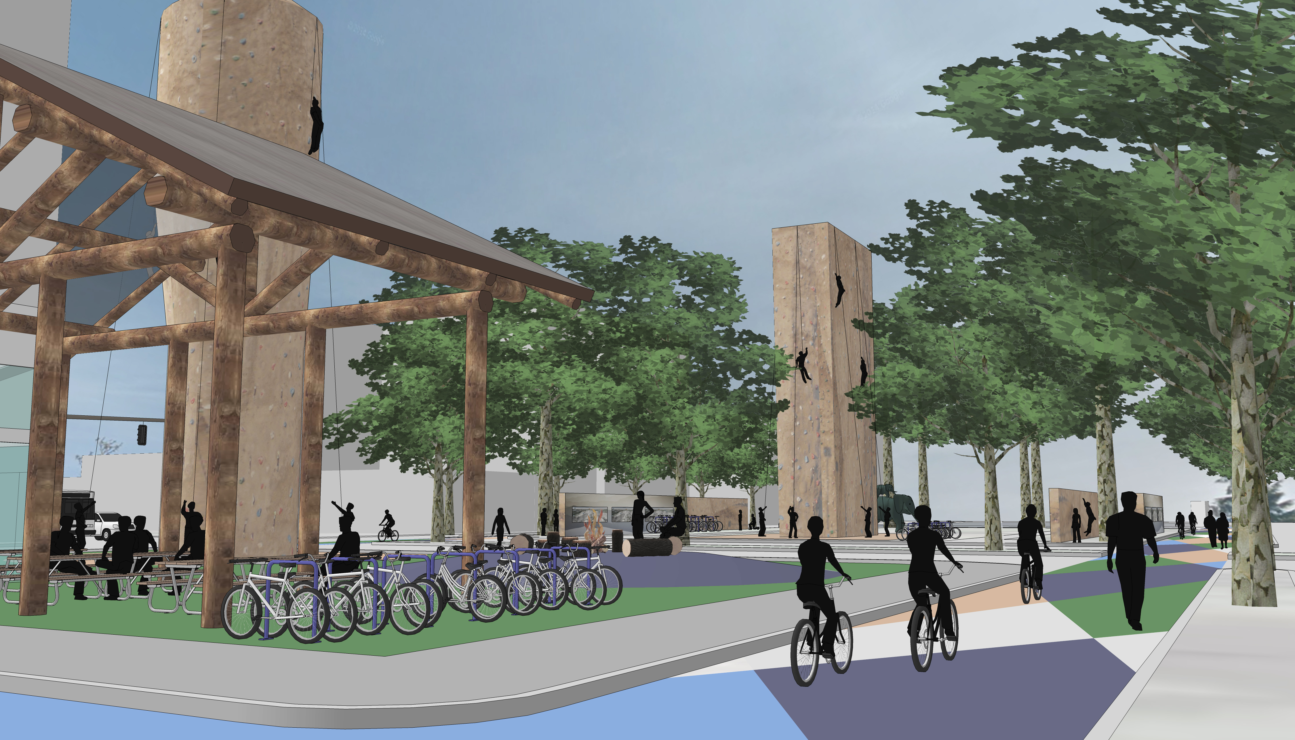 Rendering of people biking, walking, and climbing at the Green Loop approach at the Mountaineering Activity Node.